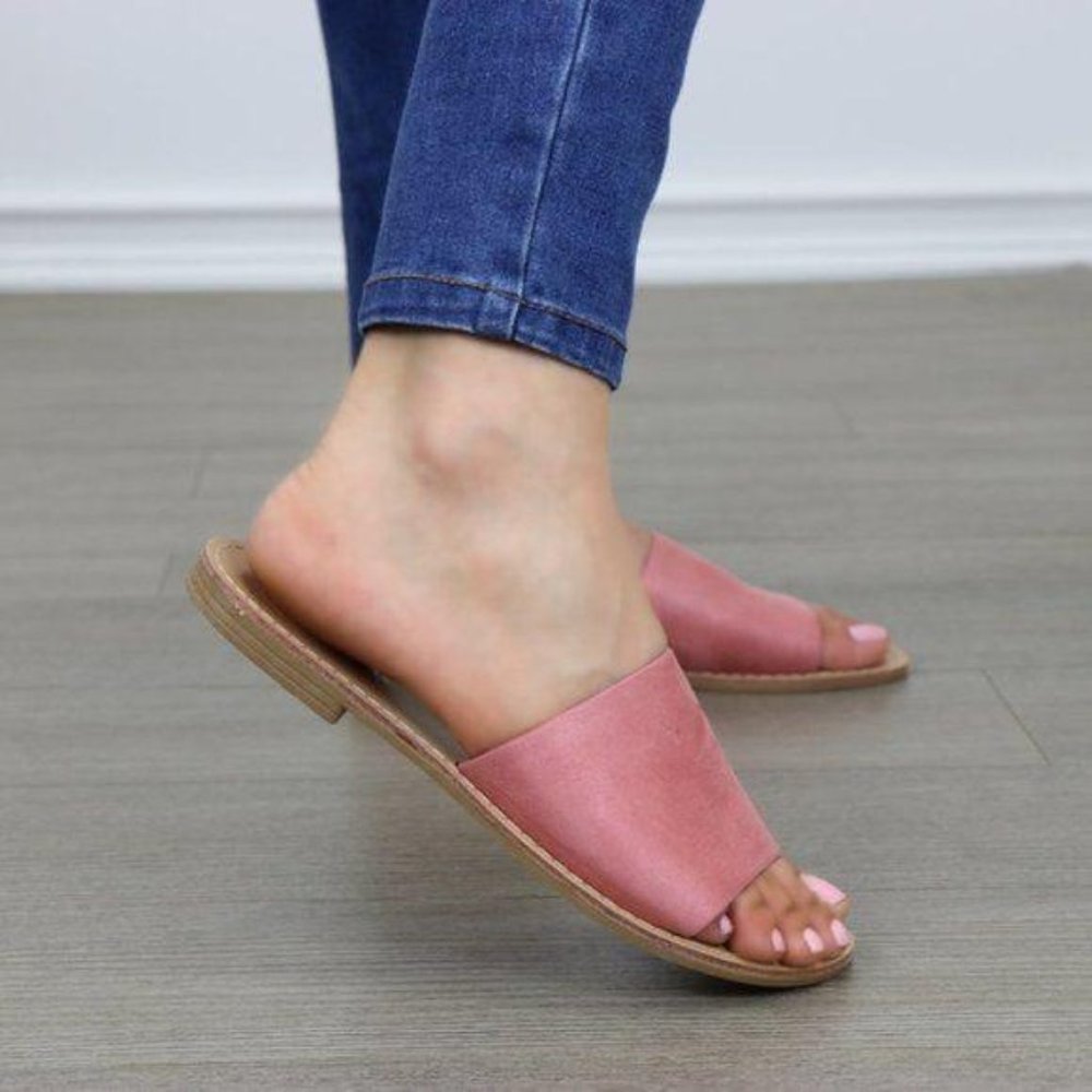 Suede Slip On Slider Pink Flat Sandals - Picture 4 of 7